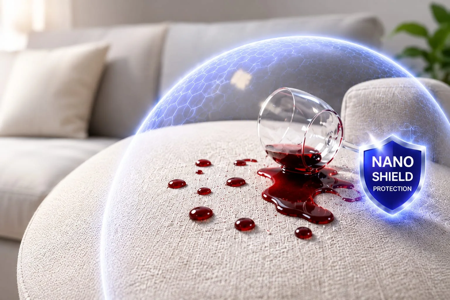 Nano shield repelling red wine on a cream sofa